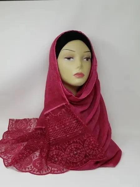 Burgundy lace hijab scarf on mannequin, elegant floral lace modest scarf, soft draped hijab for women, dressy hijab style