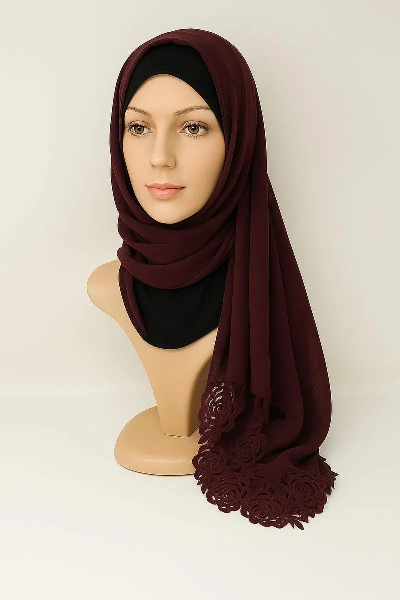 Burgundy lace trim hijab with tassel detail, elegant modest Muslim women headscarf, lightweight draped shawl for Eid events and everyday wear