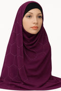 Burgundy chiffon hijab with rhinestone geometric pattern styled on model, elegant full coverage modest scarf for special occasions USA