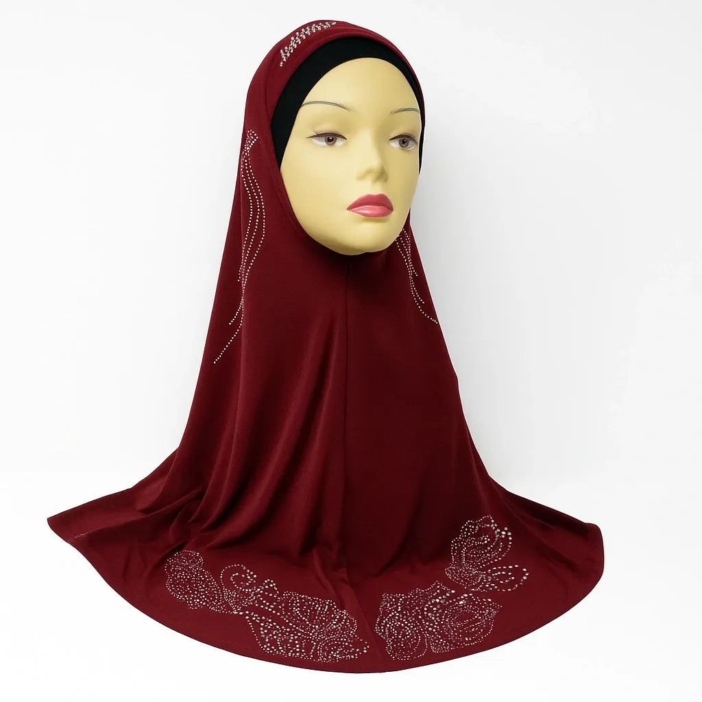 Burgundy rhinestone one piece khimar hijab for women modest Islamic headwear with rhinestone detailing on back and bottom edge long khimar style pull on prayer hijab elegant modest fashion head covering