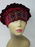 Burgundy rhinestone turban cap for women, embellished velvet turban hat with beaded front detail, modest fashion head covering, stretch turban cap for chemo, alopecia, or everyday wear, elegant Islamic headwear, soft comfortable pre tied turban cap for special occasions and daily styling