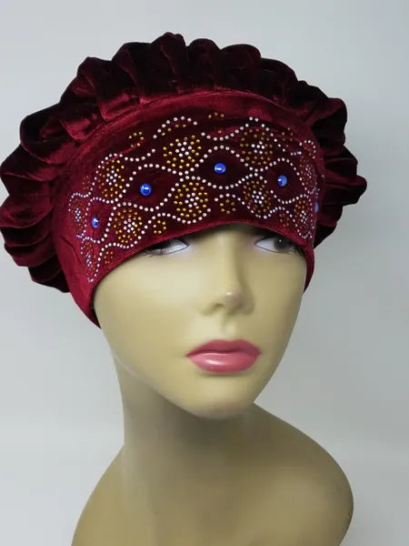 Burgundy rhinestone turban cap for women, embellished velvet turban hat with beaded front detail, modest fashion head covering, stretch turban cap for chemo, alopecia, or everyday wear, elegant Islamic headwear, soft comfortable pre tied turban cap for special occasions and daily styling