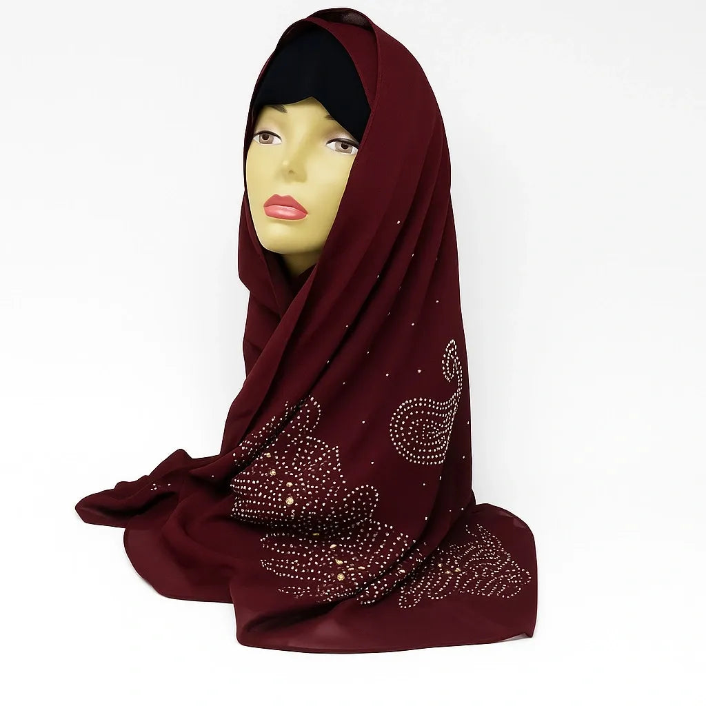 Burgundy embellished chiffon hijab with rhinestone details, elegant modest fashion headscarf for women, lightweight chiffon scarf from Affordable Hijab USA