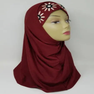 burgundy two piece hijab with inner cap full coverage modest headscarf soft stretch fabric floral detail instant hijab muslim women daily wear breathable comfortable modest fashion