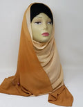 Caramel chiffon hijab scarf displayed on mannequin, warm golden brown flowy fabric, lightweight breathable modest headscarf for women, elegant drape chiffon hijab for everyday wear and styling, Affordable Hijab USA