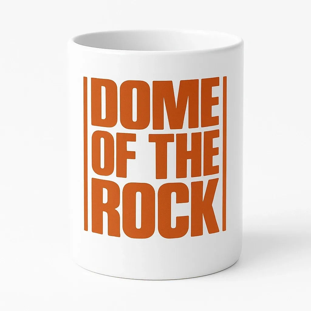 White ceramic Dome of the Rock mug with bold orange typography design, Islamic gift mug, Muslim coffee cup, faith inspired drinkware,10 oz kitchen mug