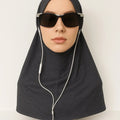 Charcoal cotton one piece instant hijab styled on mannequin with sunglasses, soft breathable pull on modest headscarf for everyday wear USA