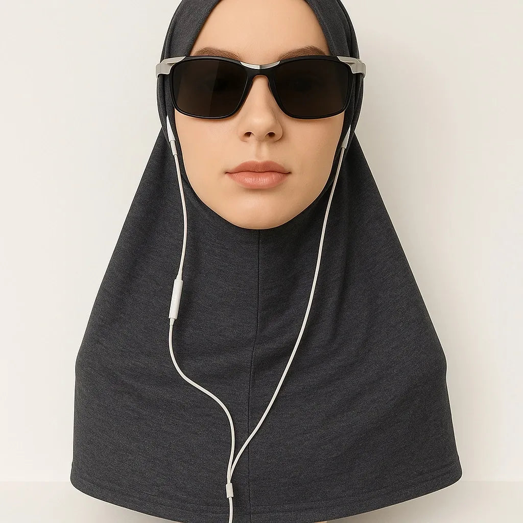 Charcoal cotton one piece instant hijab styled on mannequin with sunglasses, soft breathable pull on modest headscarf for everyday wear USA
