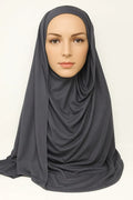Charcoal gray full drape khimar hijab in heavy jersey fabric with long front and back coverage, modest Islamic prayer hijab for women, soft stretch layered khimar from Affordable Hijab USA