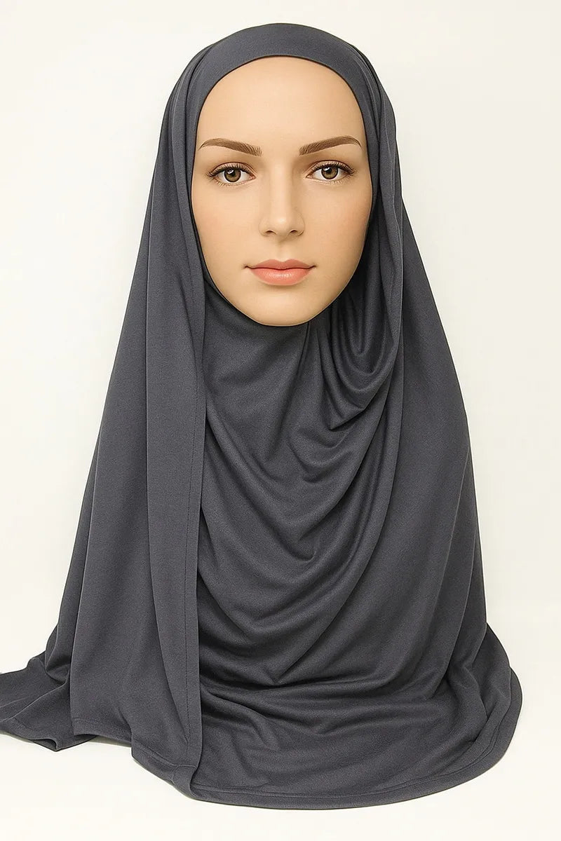 Charcoal gray full drape khimar hijab in heavy jersey fabric with long front and back coverage, modest Islamic prayer hijab for women, soft stretch layered khimar from Affordable Hijab USA