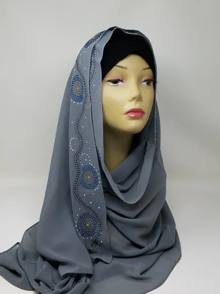 Charcoal gray hijab scarf with rhinestone embellishments along the edges, elegant modest headscarf, soft flowing hijab for everyday wear and special occasions