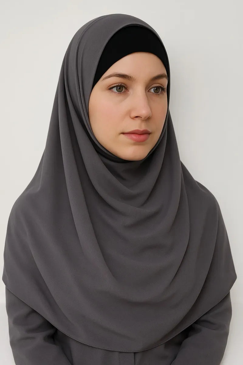 Charcoal grey chiffon hijab scarf for women, dark grey modest headscarf, soft lightweight breathable Muslim wrap, full coverage elegant everyday styling