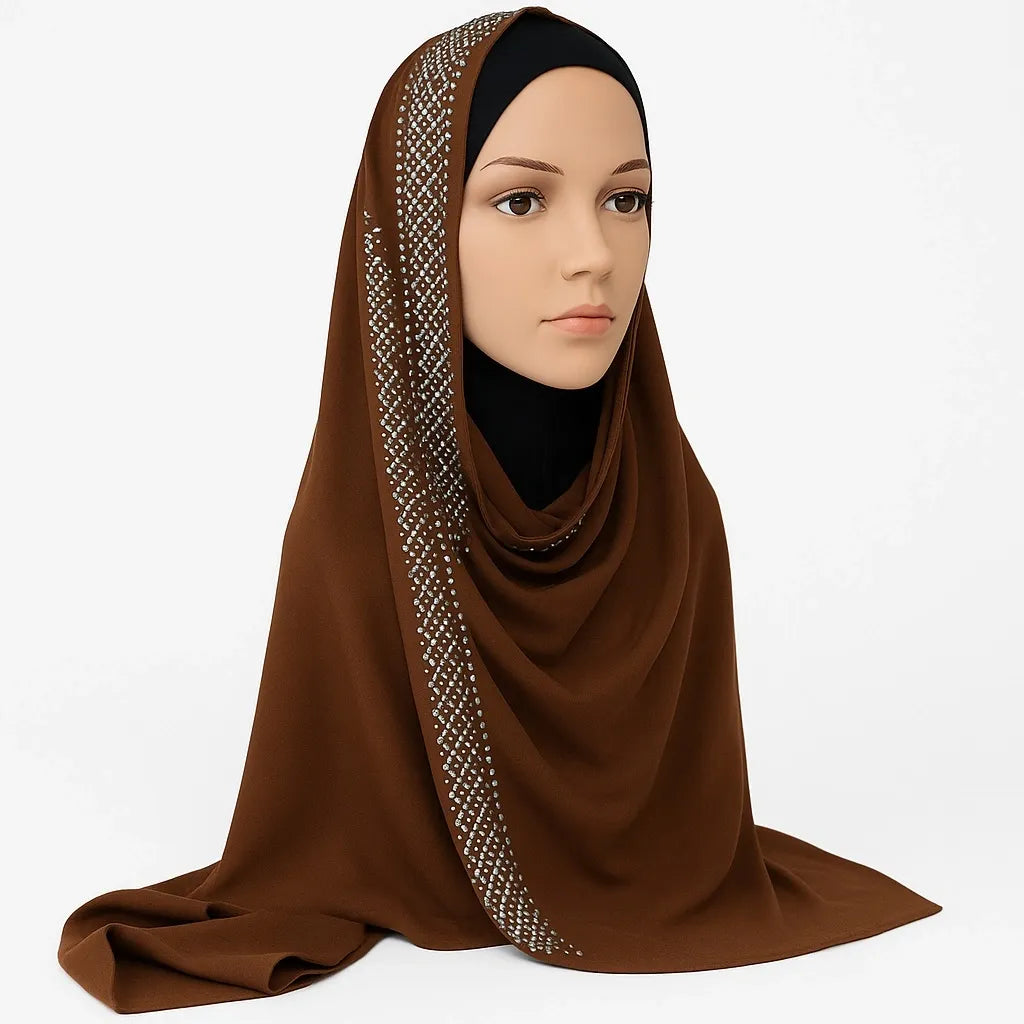 Chocolate brown chiffon hijab with rhinestone edge detail elegant modest headscarf for women