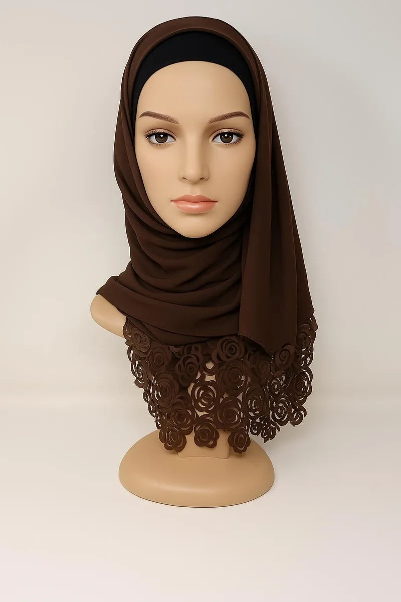 Chocolate brown lace trim hijab with tassel detail, elegant modest Muslim women headscarf, lightweight draped shawl for Eid events and everyday wear