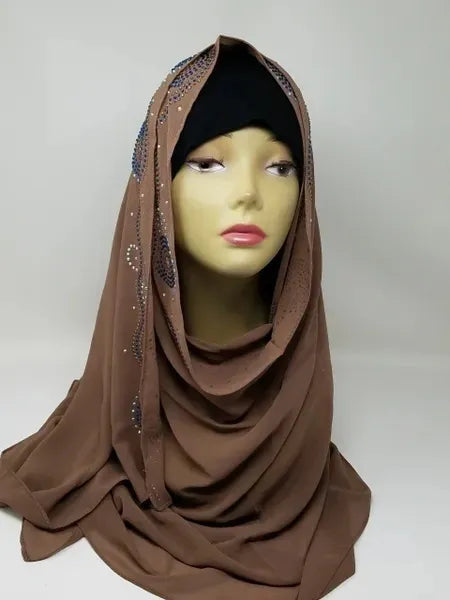 Chocolate brown hijab scarf with rhinestone embellishments along the edges, elegant modest headscarf, soft flowing hijab for everyday wear and special occasions