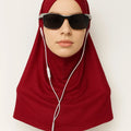 Classic red cotton one piece instant hijab styled on mannequin with sunglasses, soft breathable pull on modest headscarf for everyday wear USA