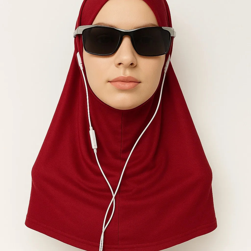Classic red cotton one piece instant hijab styled on mannequin with sunglasses, soft breathable pull on modest headscarf for everyday wear USA