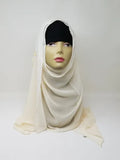 Cream chiffon hijab scarf displayed on mannequin, soft light neutral flowy fabric, lightweight breathable modest headscarf for women, elegant drape chiffon hijab for everyday wear and special occasions, Affordable Hijab USA