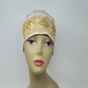 Cream underscarf cap with gold design, soft stretch hijab inner cap for women, breathable full coverage headwear, secure fit modest underscarf for daily wear