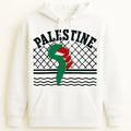 Cream hoodie with Palestine text and map design in red, green, black and white, unisex Palestinian pride graphic sweatshirt with keffiyeh pattern