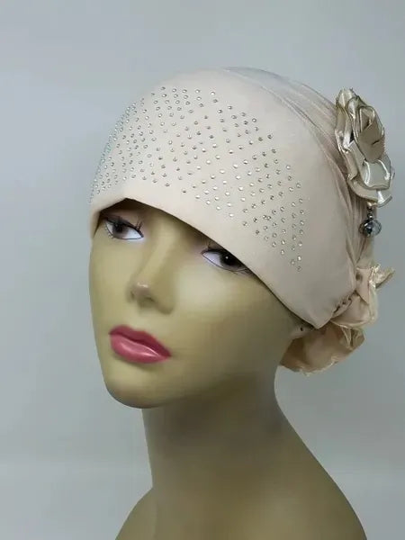 Cream rhinestone flower hijab cap for women with decorative sparkling rhinestones on soft stretch fabric modest Muslim head covering elegant Islamic headwear