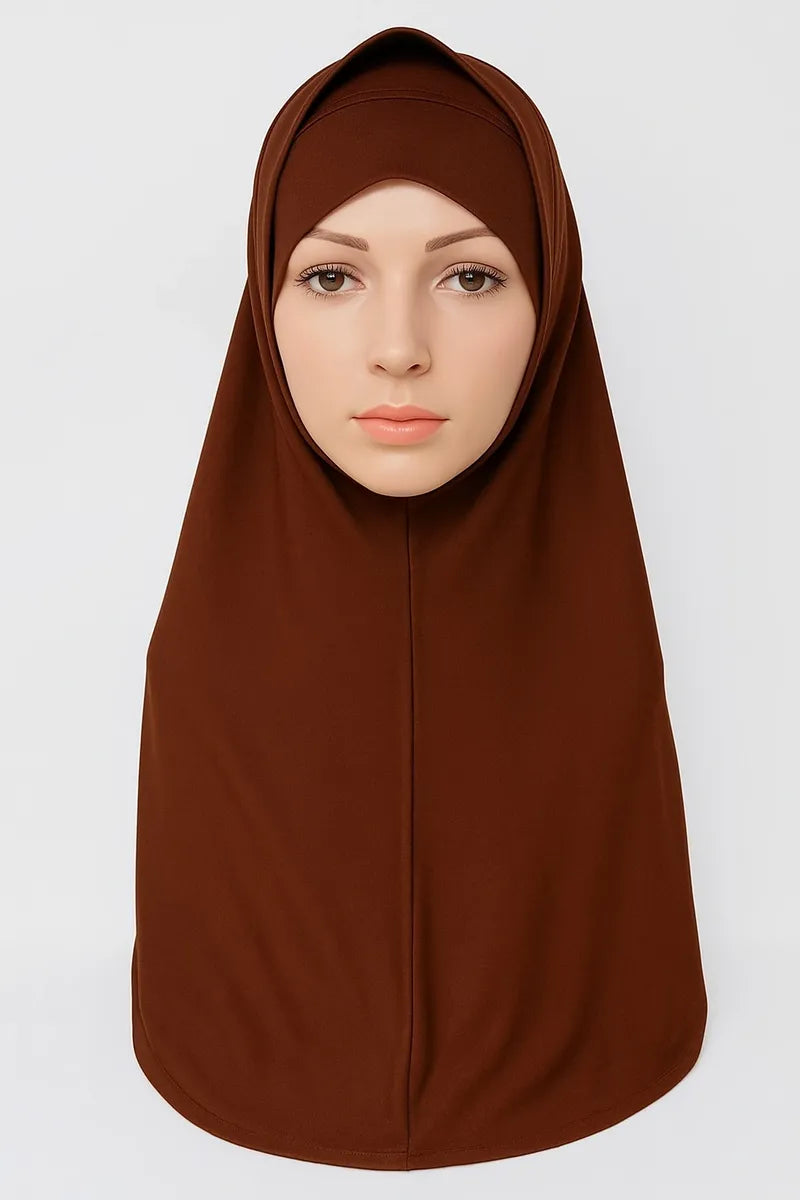 Dark brown 2-piece khimar hijab set in heavy jersey fabric with full drape coverage and stretch undercap, modest Muslim women headwear, long flowing khimar scarf for prayer, daily wear, and modest fashion styling