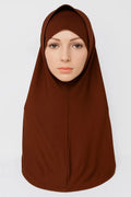Dark brown 2-piece khimar hijab set in heavy jersey fabric with full drape coverage and stretch undercap, modest Muslim women headwear, long flowing khimar scarf for prayer, daily wear, and modest fashion styling