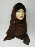 Dark brown chiffon hijab draped on mannequin, soft breathable scarf for modest wear, lightweight smooth fabric, flowy elegant texture, deep brown hijab for everyday styling and formal outfits