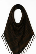 Dark brown keffiyeh scarf with traditional checkered pattern and tassel edges, lightweight square shemagh scarf displayed on white background, classic Arab style scarf from Affordable Hijab USA