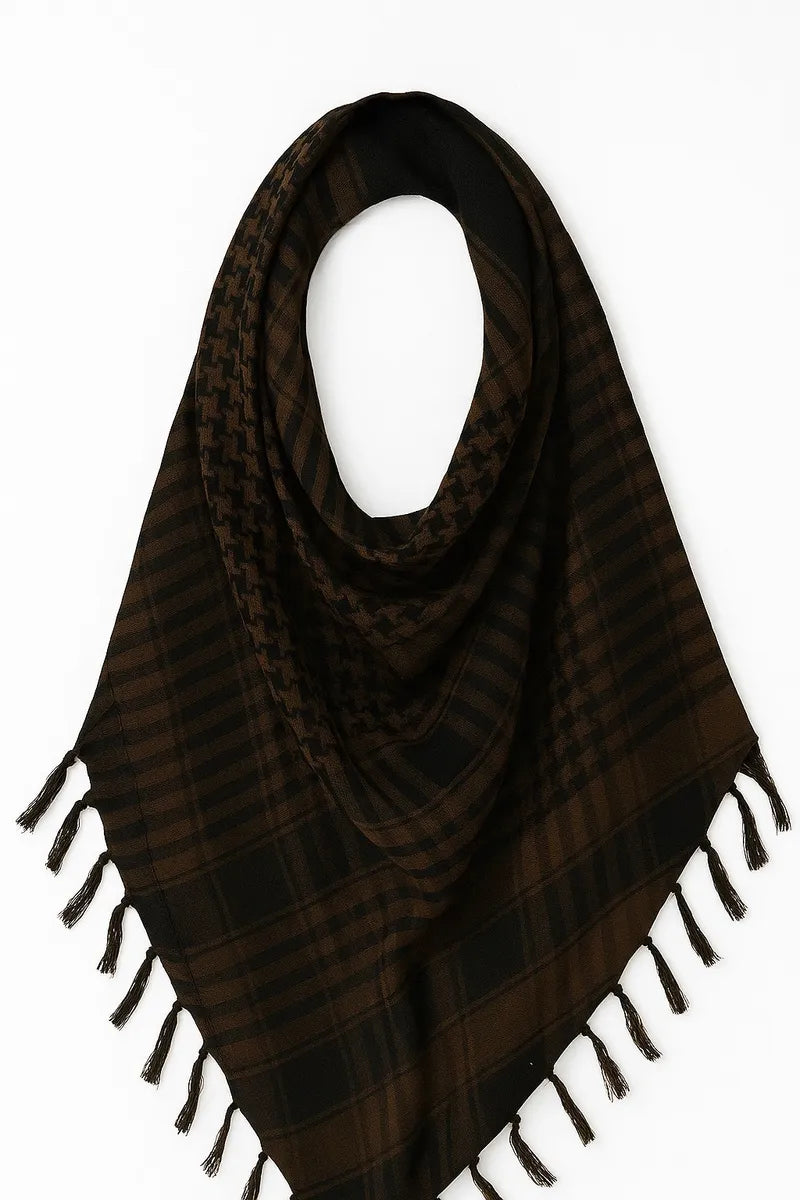 Dark brown keffiyeh scarf with traditional checkered pattern and tassel edges, lightweight square shemagh scarf displayed on white background, classic Arab style scarf from Affordable Hijab USA