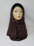 dark cocoa jersey hijab scarf on mannequin, soft stretch fabric, breathable modest headscarf, lightweight full coverage hijab, smooth drape everyday jersey scarf for women