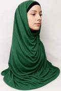 Dark green instant jersey hijab for women, pull on modest headscarf, soft stretch breathable full coverage ready to wear hijab