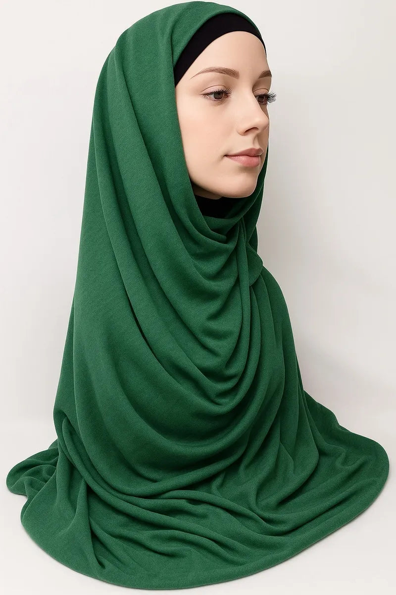 Dark green instant jersey hijab for women, pull on modest headscarf, soft stretch breathable full coverage ready to wear hijab