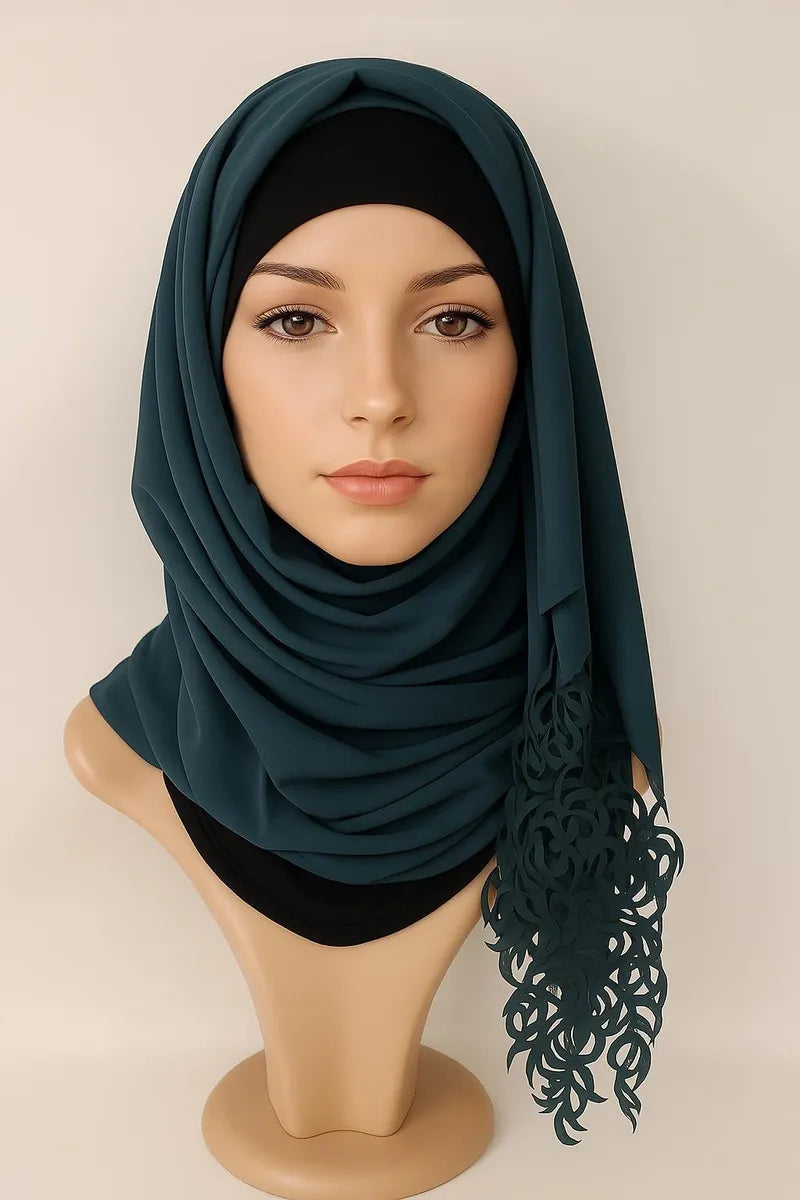Deep teal lace trim hijab with tassel detail, elegant modest Muslim women headscarf, lightweight draped shawl for Eid special occasions and everyday wear