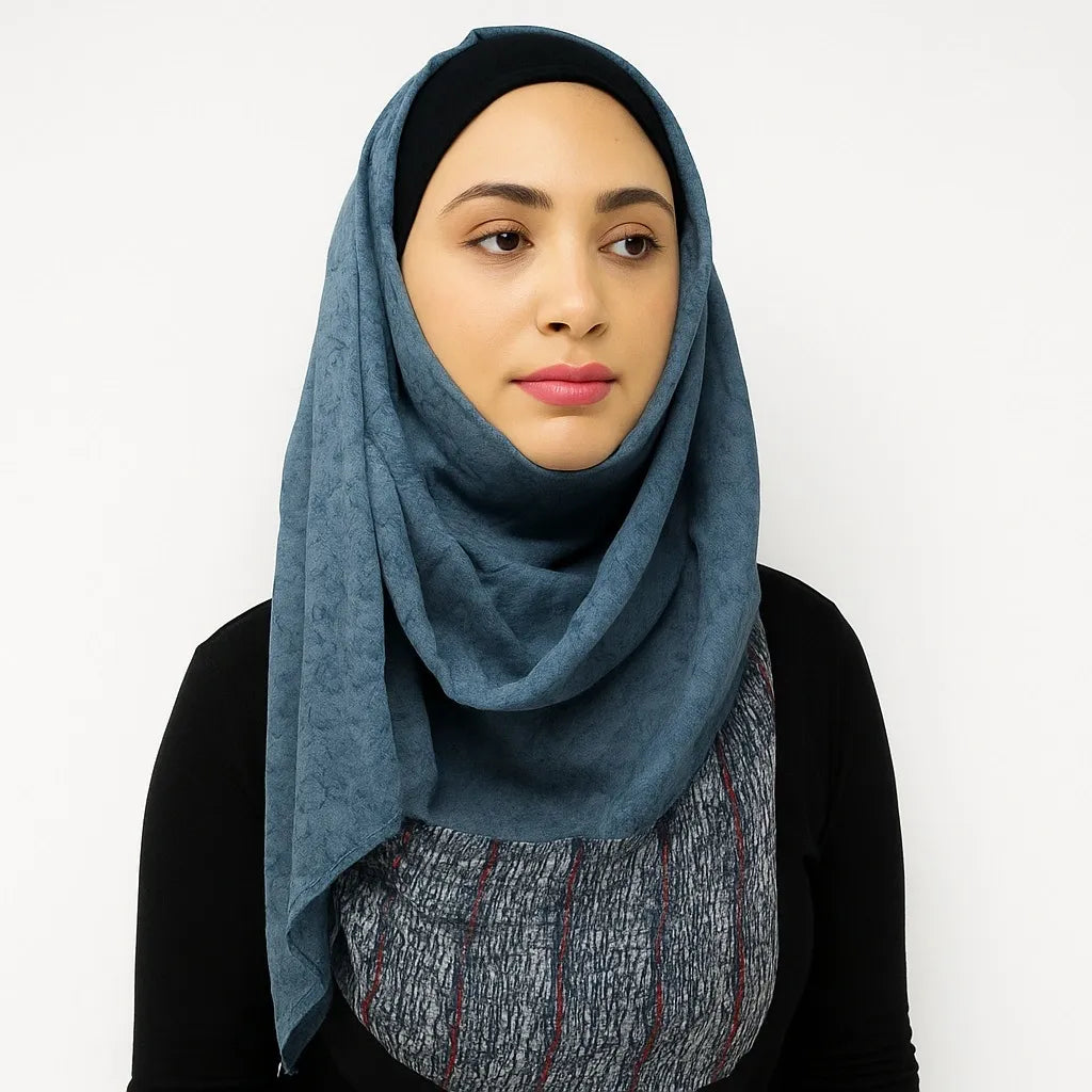 Dusty blue hijab scarf for women, elegant modest Islamic headscarf, soft draping blue hijab for everyday modest fashion from Affordable Hijab USA