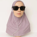 Dusty lavender cotton one piece instant hijab styled on mannequin with sunglasses, soft breathable pull on modest headscarf for everyday wear USA