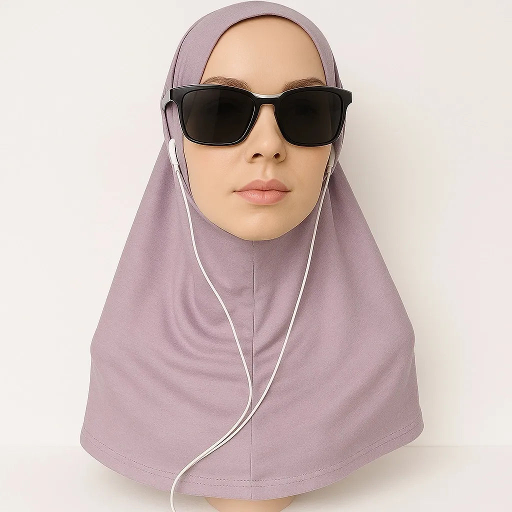 Dusty lavender cotton one piece instant hijab styled on mannequin with sunglasses, soft breathable pull on modest headscarf for everyday wear USA