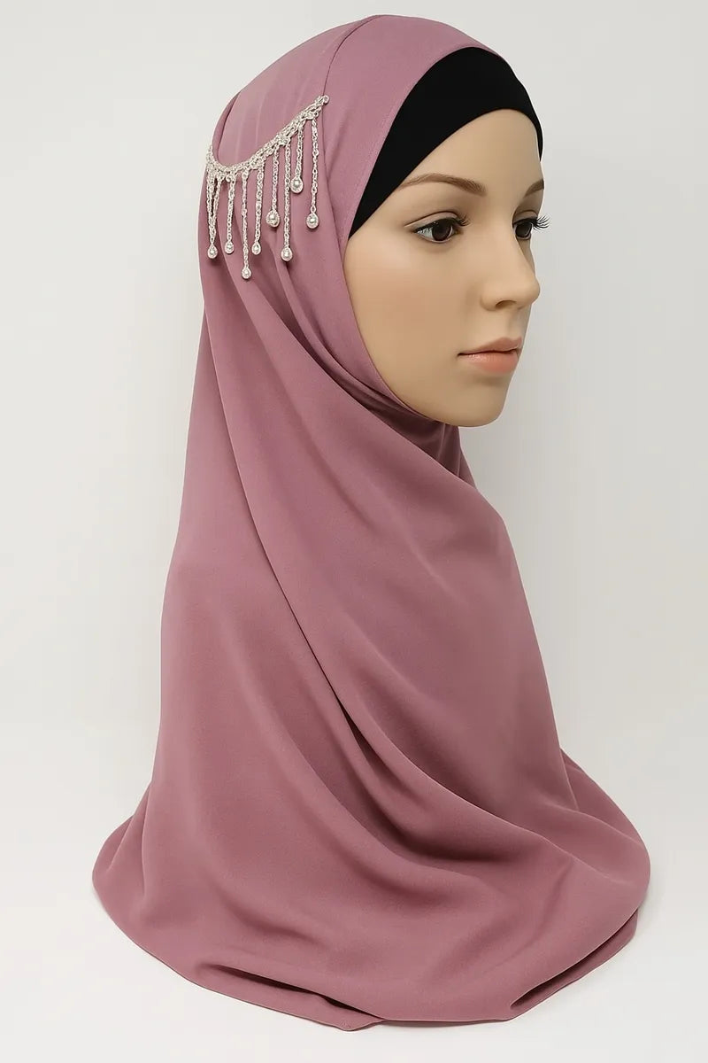 Dusty rose hijab scarf with silver chain embellishment, modest Islamic headscarf for women, decorative Muslim hijab for prayer and special occasions, elegant mauve scarf
