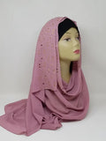Dusty rose rhinestone chiffon hijab scarf for women, lightweight chiffon headscarf with sparkle detail, elegant modest hijab, long drape scarf, breathable fabric hijab, muslim women head covering, stylish mauve chiffon hijab with rhinestones, dressy hijab for special occasions