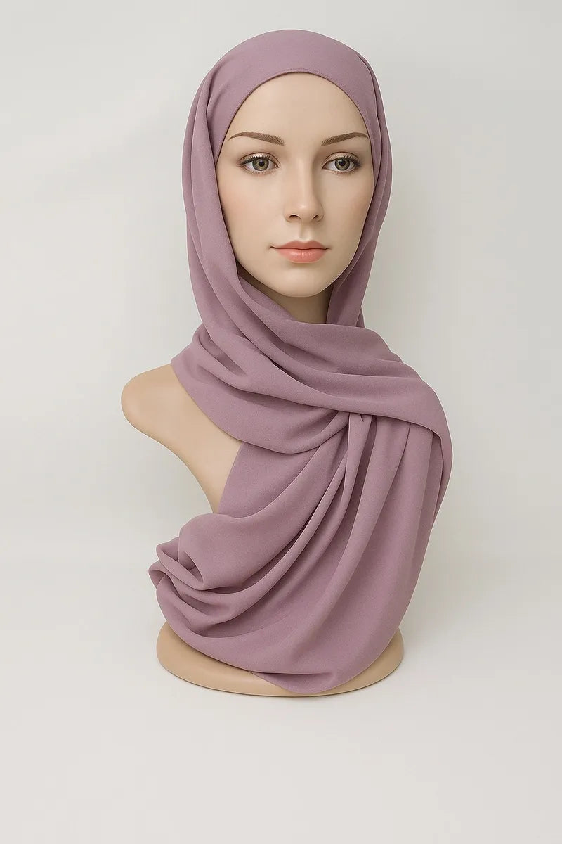 Dusty rose two in one chiffon hijab with attached undercap, lightweight breathable modest Islamic headscarf for women, soft mauve slip on flowy wrap hijab from Affordable Hijab USA