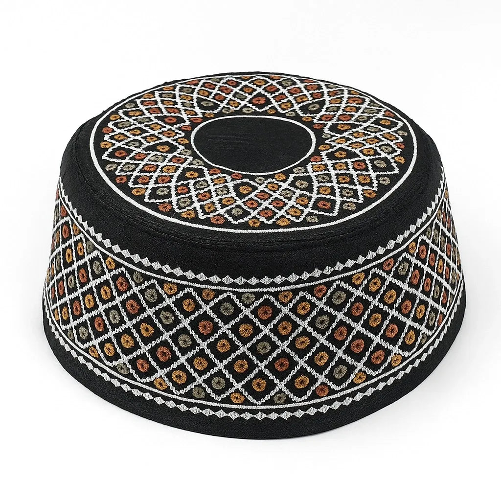 embroidered Muslim kufi prayer cap traditional islamic prayer hat geometric patterned kufi cap for men