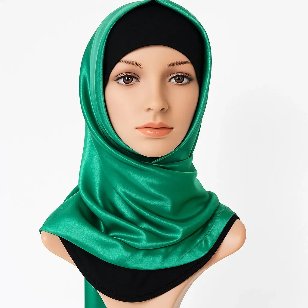 Emerald green satin square hijab silky smooth shiny fabric elegant modest headscarf lightweight Islamic scarf for women