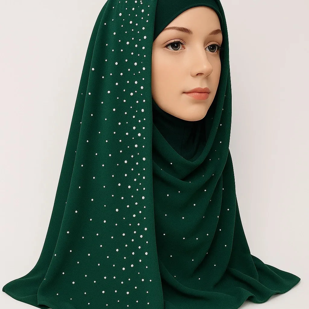 Emerald green chiffon hijab with pearl bead detailing, elegant modest headscarf for women, lightweight breathable Muslim hijab scarf with delicate pearl embellishments for Eid, weddings, and special occasions