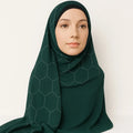 Emerald green chiffon hijab with rhinestone geometric pattern styled on model, elegant full coverage modest scarf for special occasions USA