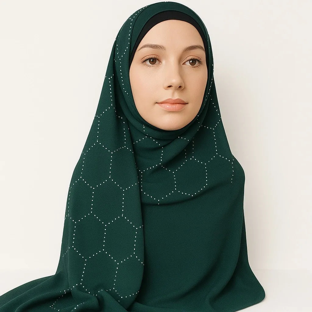 Emerald green chiffon hijab with rhinestone geometric pattern styled on model, elegant full coverage modest scarf for special occasions USA