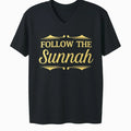 Black short sleeve Islamic t-shirt with gold “Follow the Sunnah” lettering printed on the front, modest Muslim graphic tee for men and women, faith inspired casual wear