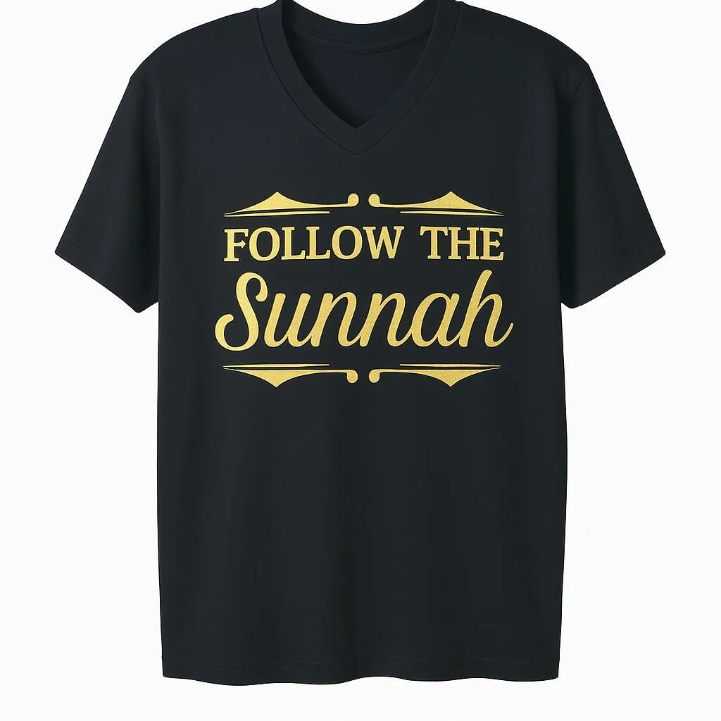 Black short sleeve Islamic t-shirt with gold “Follow the Sunnah” lettering printed on the front, modest Muslim graphic tee for men and women, faith inspired casual wear