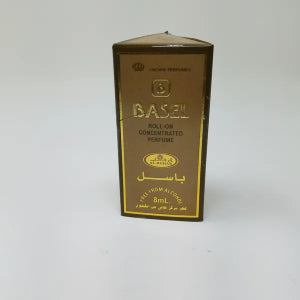 Gold Basel non alcohol perfume bottle packaging on a white background with elegant gold finish and alcohol free fragrance design