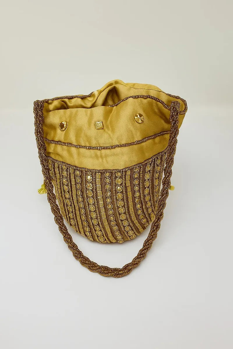 Gold beaded mini bucket handbag with chain handle, elegant evening purse for women, Islamic formal bag for Eid and weddings, small statement handbag, modest fashion accessory, gold drawstring pouch purse USA