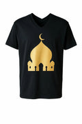 Black Islamic t-shirt with gold mosque silhouette and crescent moon design, Muslim faith graphic shirt for men and women, modest short sleeve Islamic apparel